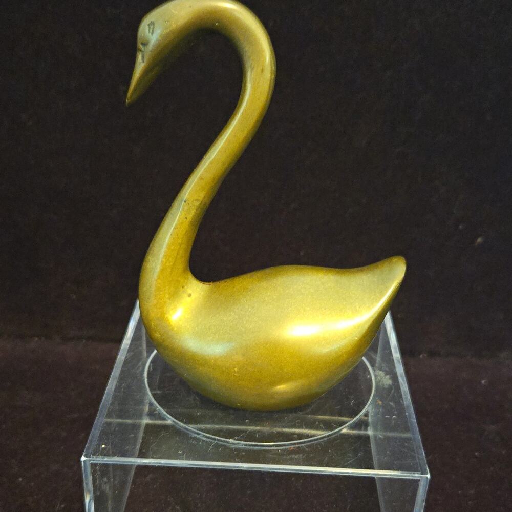 Vintage Solid Brass Swan Figurine Mini 4" Tall MCM Bird Paperweight Decor